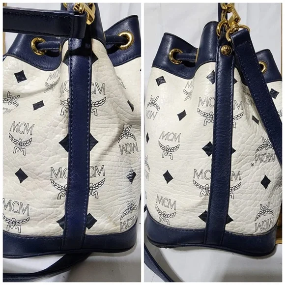 Authentic MCM 2way Visetos Small Drawstring Shoulder Bag White/Navy Blue - Picture 7 of 16